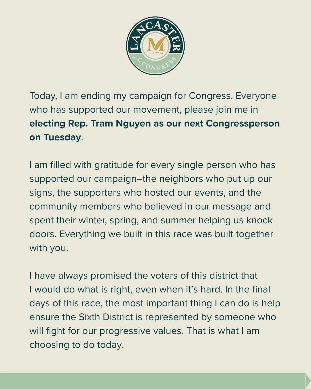 Statement from Dr. Mariah Lancaster on her campaign Facebook page.
