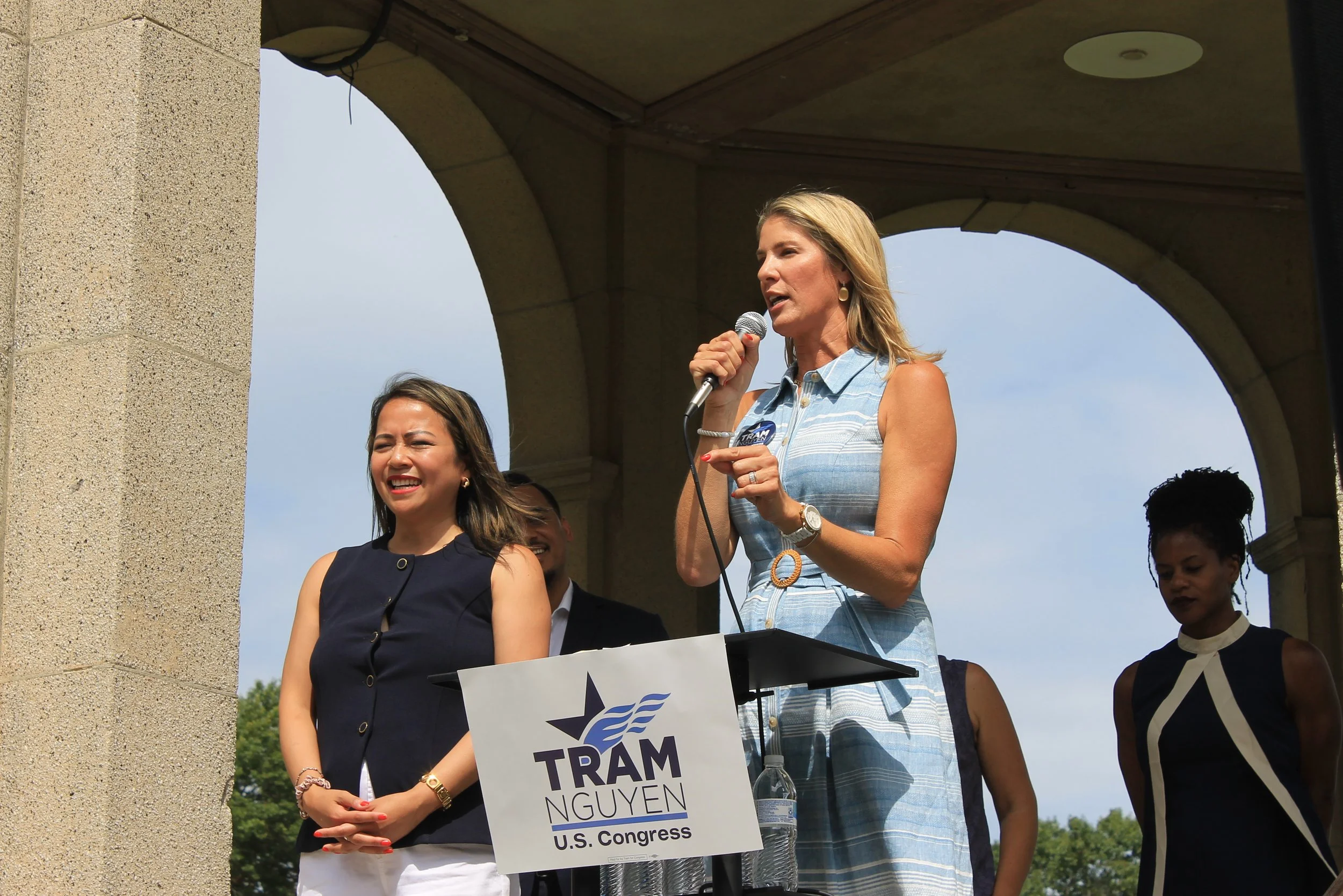 U.S. Rep. Lori Trahan addresses the crowd, espressing support for Nguyen's candidacy.