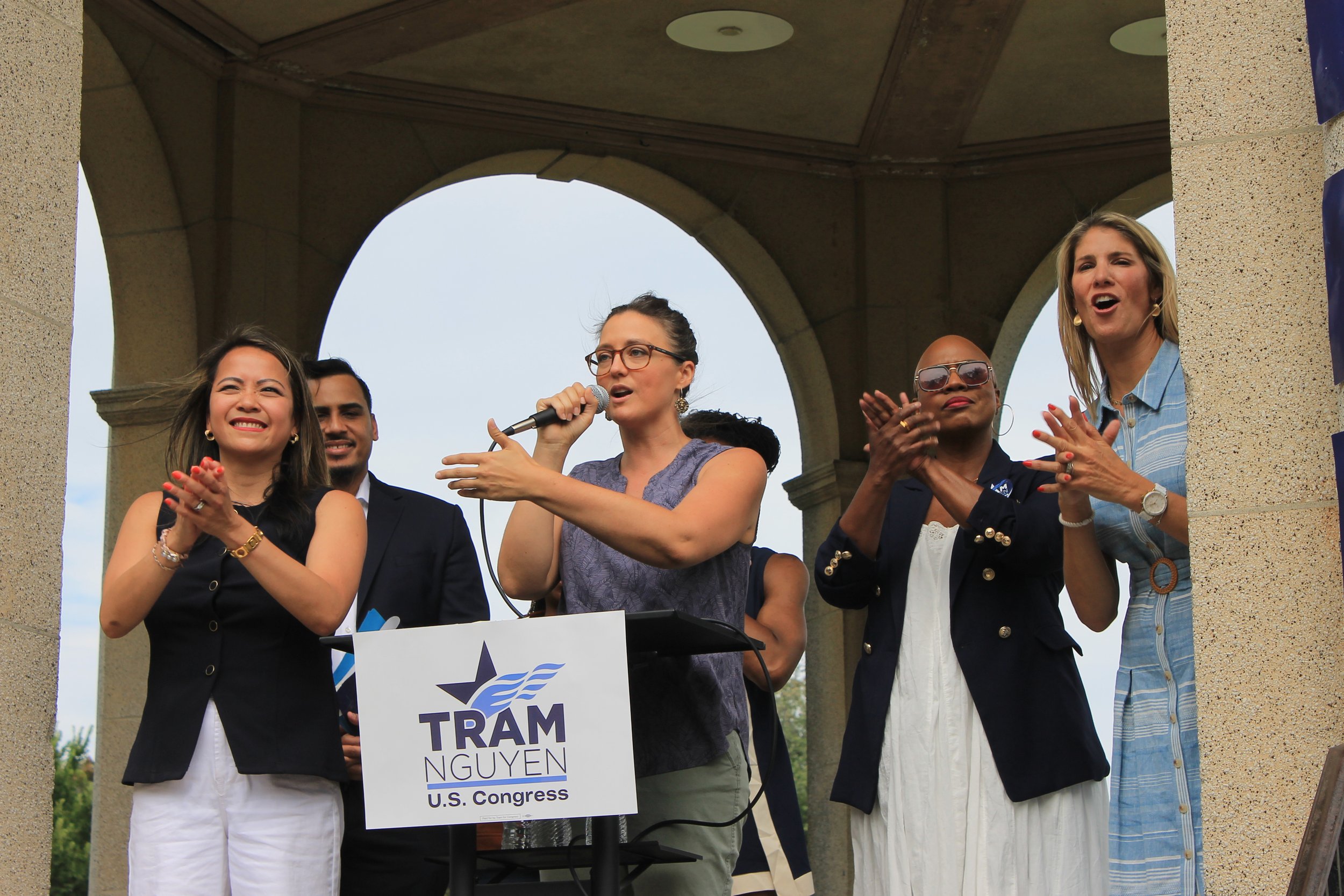 Dr. Mariah Lancaster addresses the crowd at Nguyen's campaign rally.
