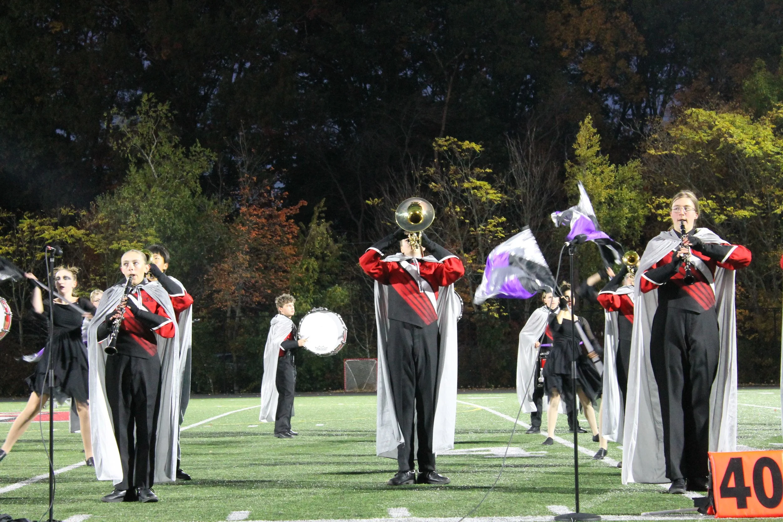 Musicians perform near midfield as color guard members wave flags behind them.