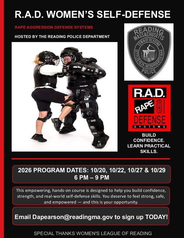 A flyer for the R.A.D. Women's Self-Defense program hosted by the Reading Police Department, showing a woman in workout clothes practicing a strike against an instructor in padded protective gear.