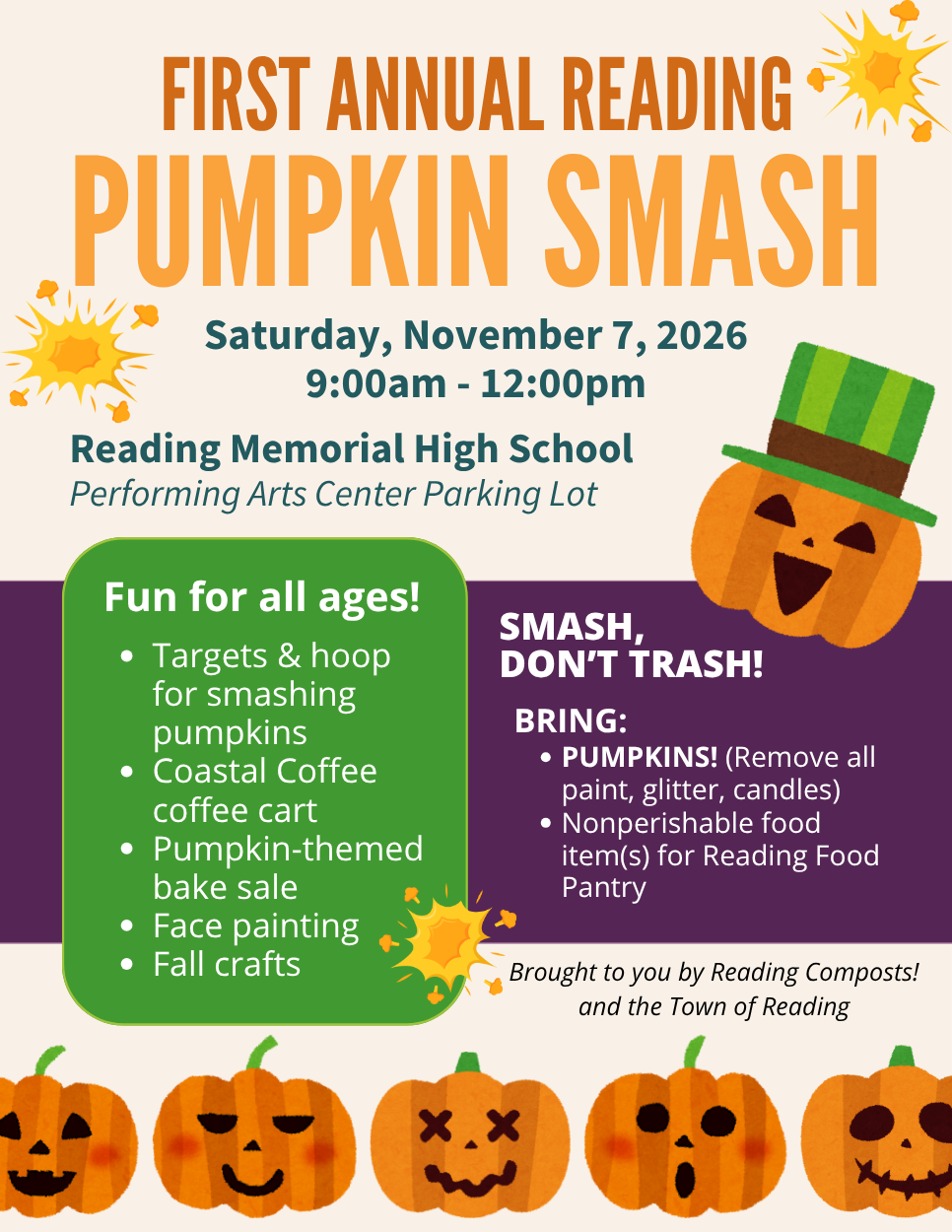 Flyer for the First Annual Reading Pumpkin Smash, Saturday, Nov. 7, 2026, 9 a.m. to noon at Reading Memorial High School. Includes pumpkin smashing, bake sale, face painting, fall crafts.