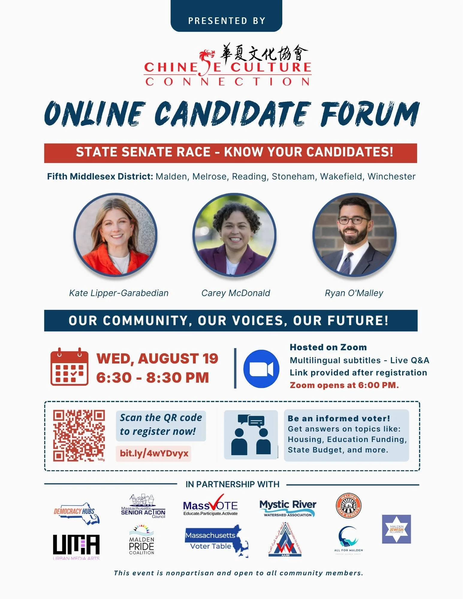 A flyer for the Chinese Culture Connection's online Fifth Middlesex State Senate candidate forum on Wednesday, August 19, featuring headshots of Kate Lipper-Garabedian, Carey McDonald, and Ryan O'Malley.