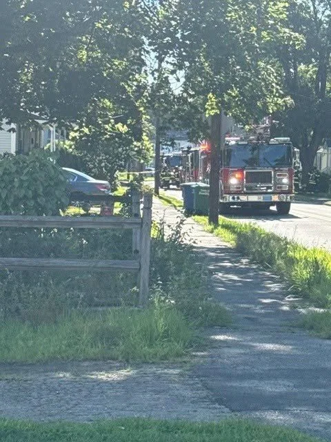Fire trucks parked along a tree-lined residential street, viewed from a sidewalk behind a wooden fence.