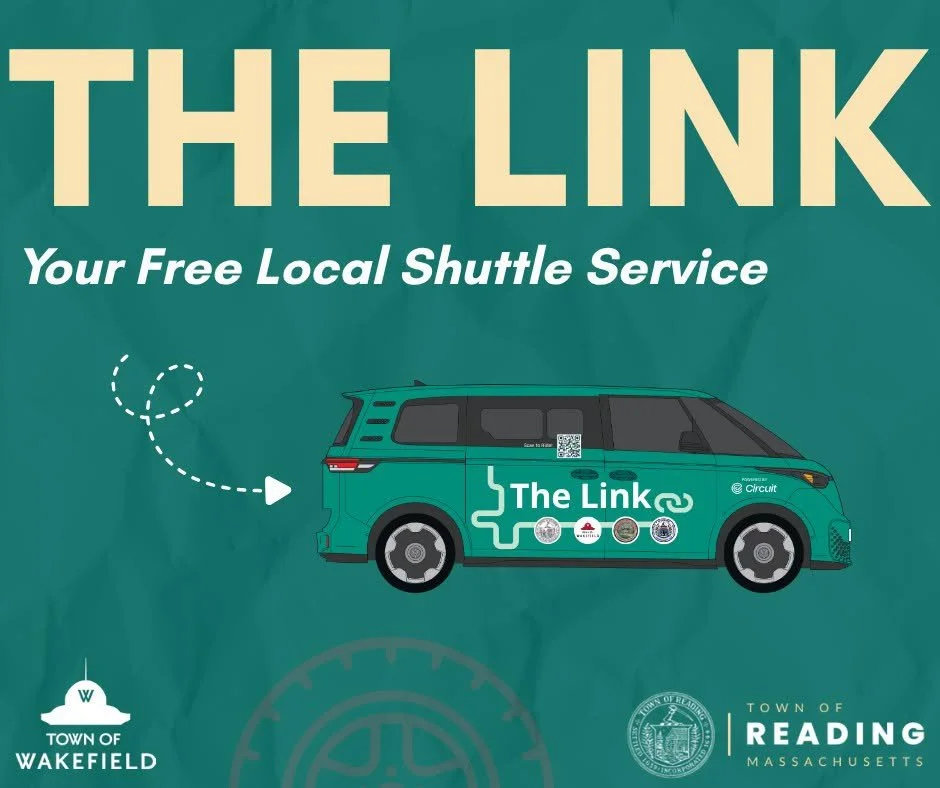 Graphic promoting The Link, a free local shuttle service, featuring an illustrated green shuttle van with the Town of Wakefield and Town of Reading, Massachusetts logos.