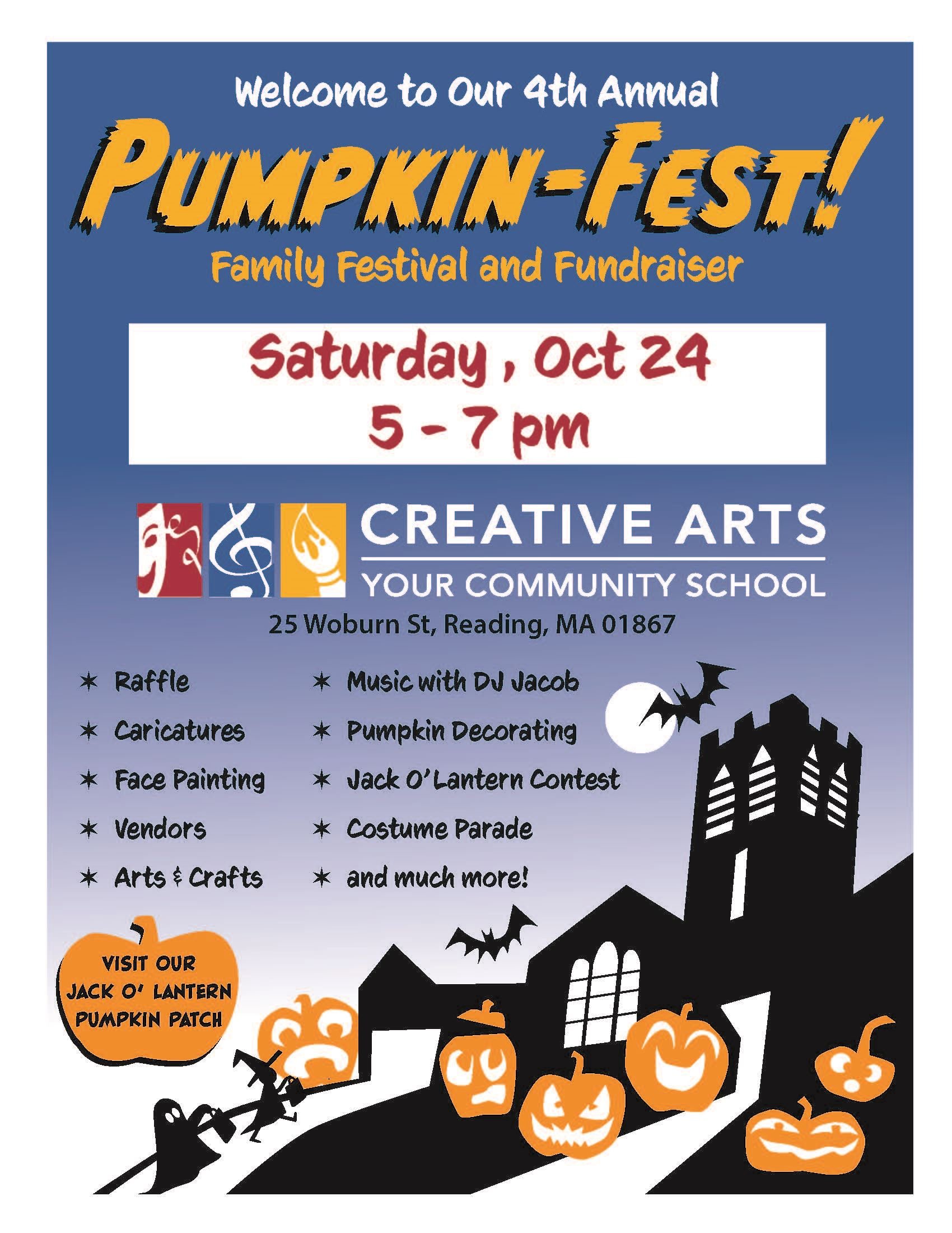 Flyer for the 4th annual Pumpkin-Fest family festival and fundraiser at Creative Arts, Saturday, Oct. 24, 5 to 7 pm, 25 Woburn St. Jack-o’-lanterns glow in front of a silhouetted building.
