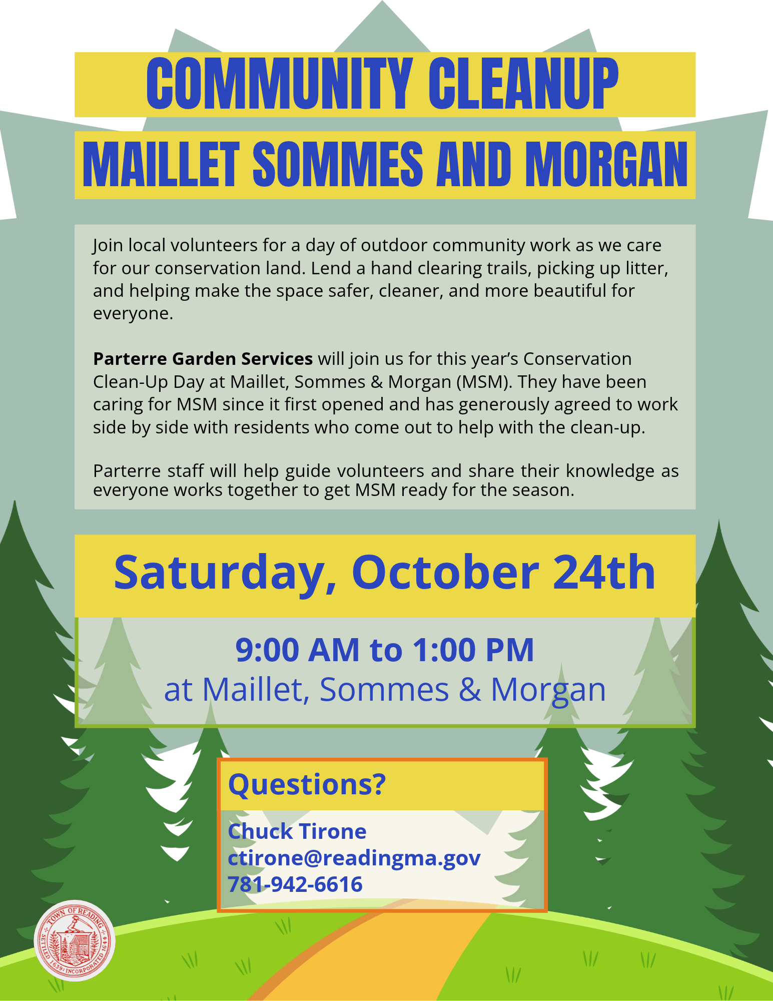 Flyer for a Community Cleanup at Maillet, Sommes and Morgan on Saturday, Oct. 24, 9 a.m. to 1 p.m., with Parterre Garden Services. Illustrated evergreens line a path.
