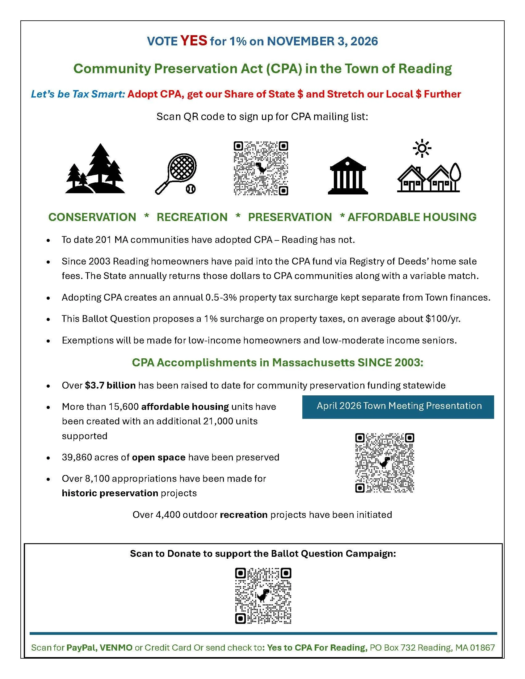 Flyer urging a 'Yes' vote on the November 3, 2026 ballot question to adopt a 1% Community Preservation Act surcharge in Reading, MA, with icons for conservation, recreation, preservation, and affordable housing.
