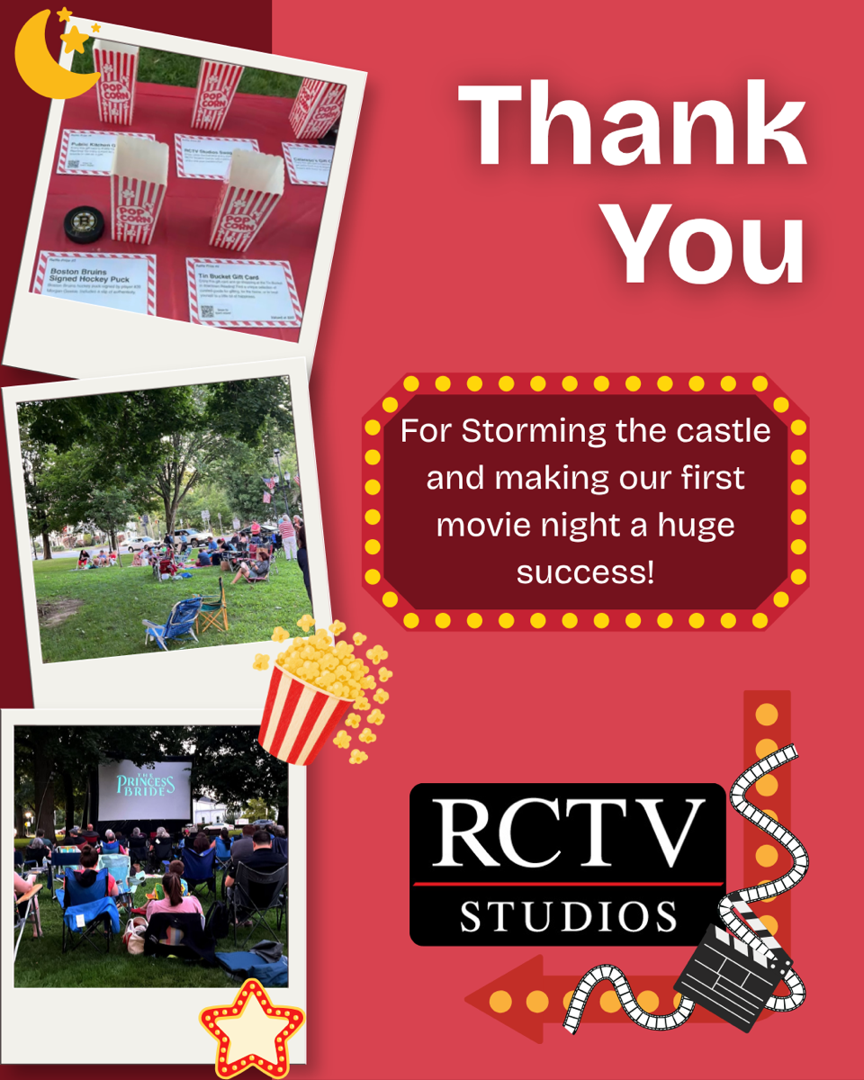 A red RCTV Studios "Thank You" graphic celebrating a successful first movie night, with photos of a raffle prize table, families on a lawn, and a crowd watching an outdoor screening.