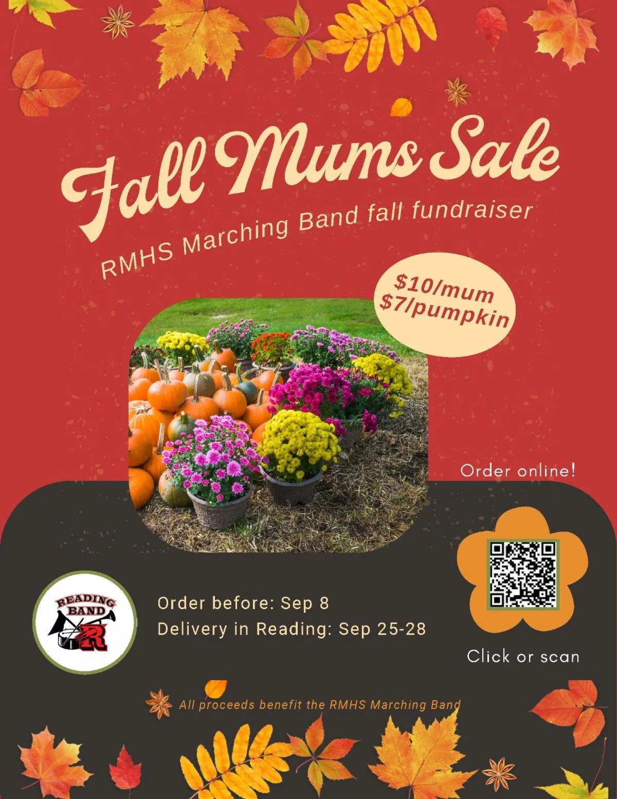 Flyer for the RMHS Marching Band Fall Mums Sale, offering $10 mums and $7 pumpkins with delivery to Reading homes September 25-28. Orders close September 8. Photo shows colorful potted mums and pumpkins, with a QR code to order online.