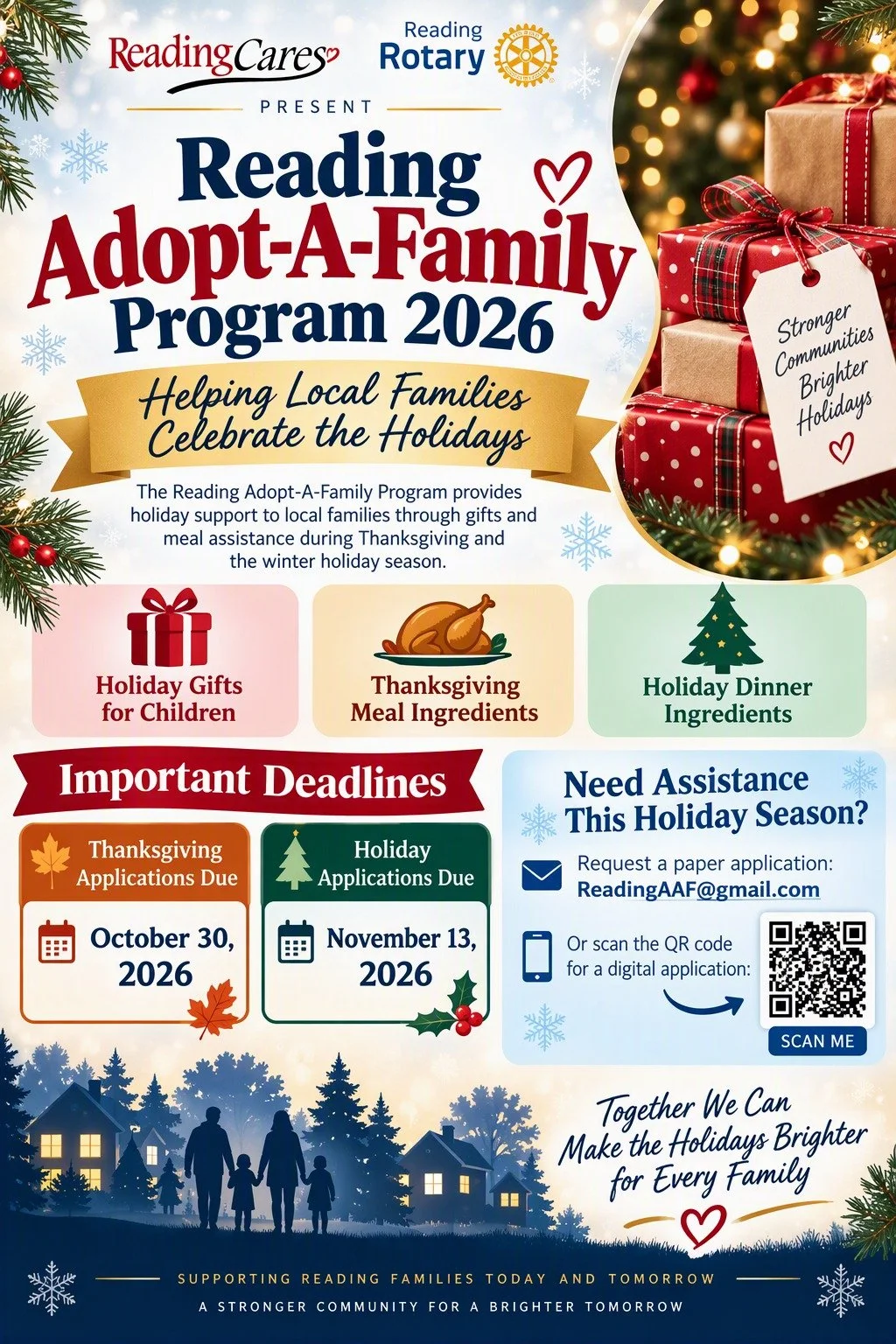 Flyer for the Reading Adopt-A-Family Program 2026, offering holiday gifts and Thanksgiving meal assistance; Thanksgiving applications due Oct. 30, holiday applications due Nov. 13.