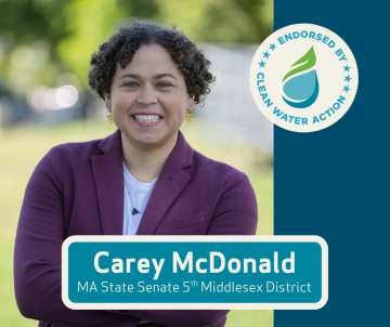 Graphic featuring a smiling woman with curly hair wearing a purple blazer, standing outdoors. Text below reads "Carey McDonald, MA State Senate 5th Middlesex District." A circular badge in the top right reads "Endorsed by Clean Water Action."