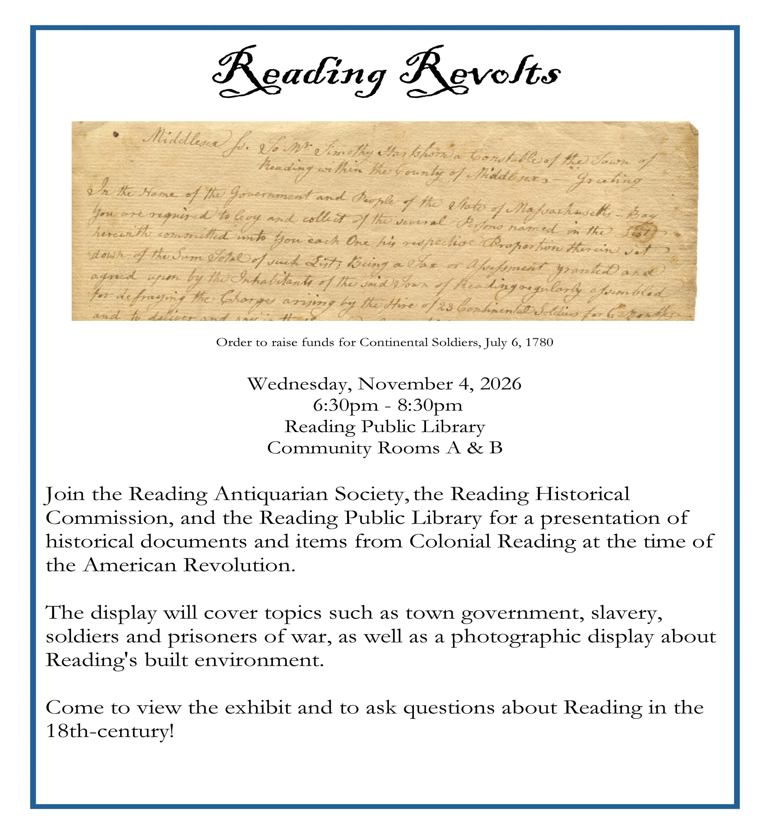 A flyer for "Reading Revolts," a presentation of Colonial-era Reading documents and artifacts, featuring a handwritten 1780 order to raise funds for Continental soldiers, set for Wednesday, November 4 at the Reading Public Library.