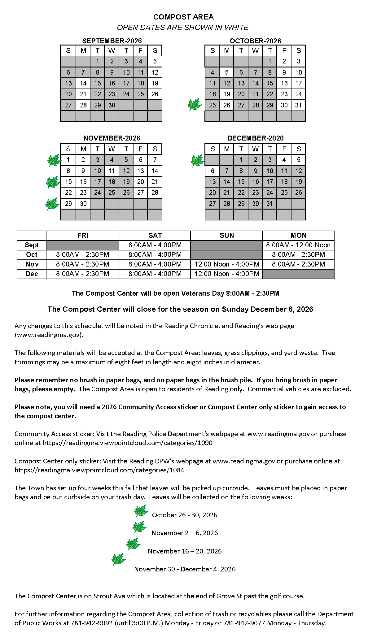Town of Reading Compost Area schedule showing open dates and hours by month, September through December 2026, the December 6 closing, accepted materials, and leaf-collection weeks.