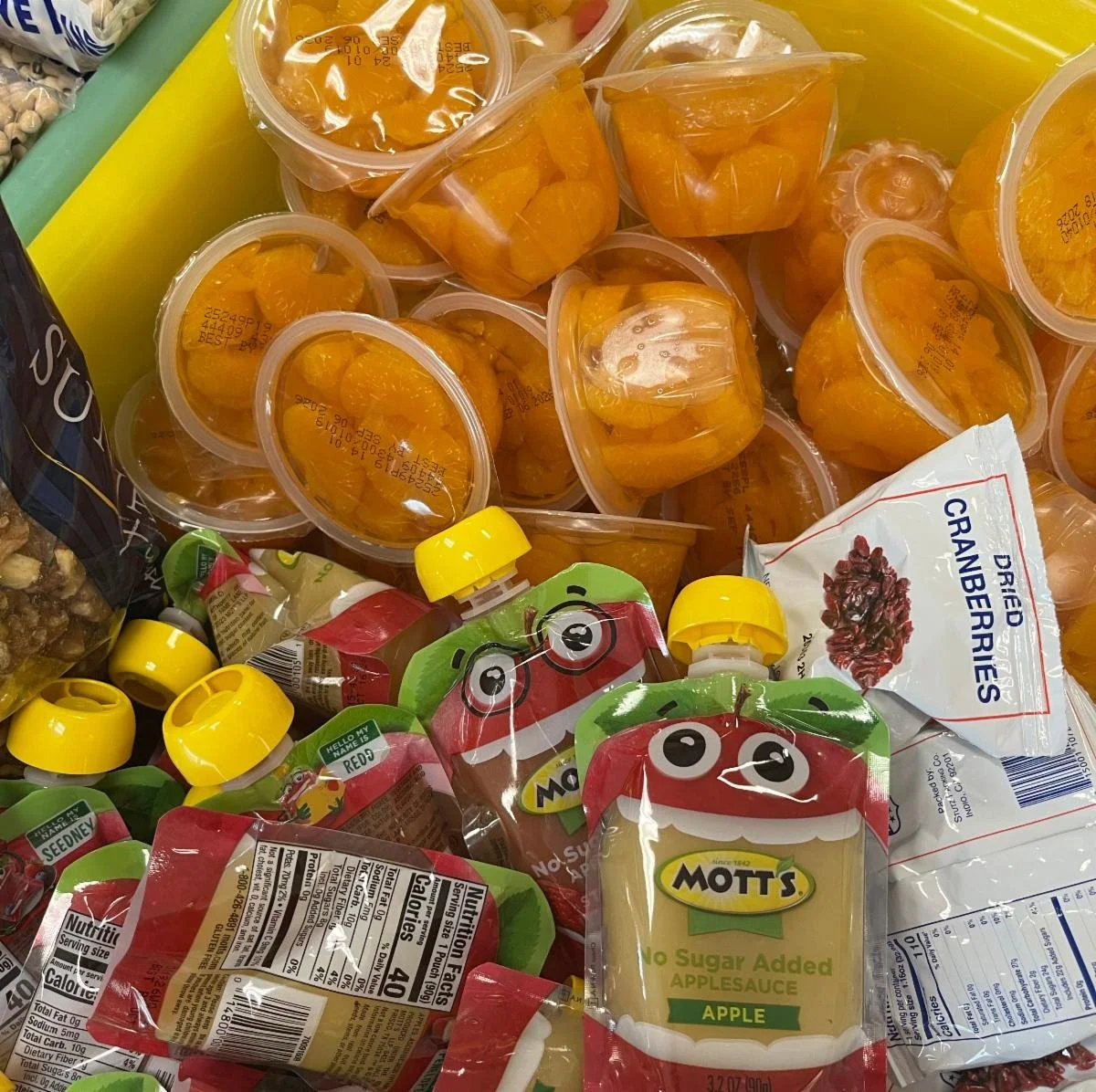 A bin of kid-friendly pantry food, including cups of mandarin oranges, Mott's no-sugar-added applesauce pouches, and a bag of dried cranberries.