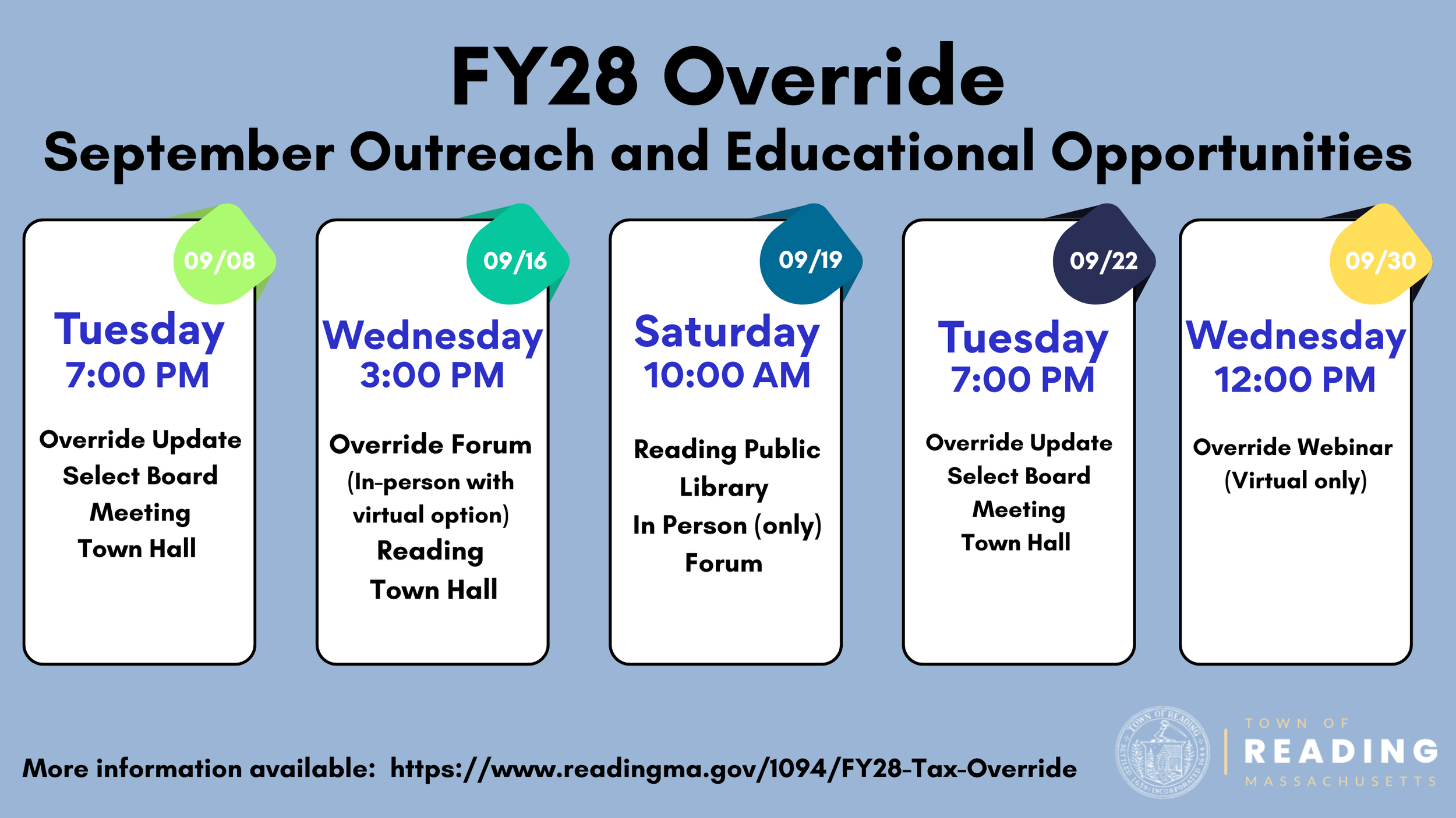 Graphic listing FY28 Override outreach events: Sept 8, 16, 19, 22, and 30, including Select Board updates, forums at Town Hall and the library, and a virtual webinar, with more info at readingma.gov.