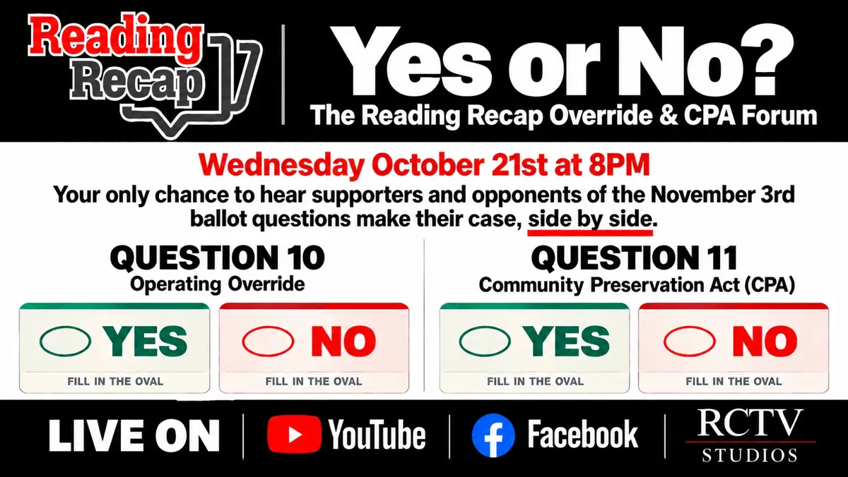 Graphic for the “Reading Recap” override and CPA forum, Wed., Oct. 21, 8 p.m., with sample ballot ovals for Question 10 (Override) and Question 11 (CPA), live on YouTube/Facebook via RCTV.
