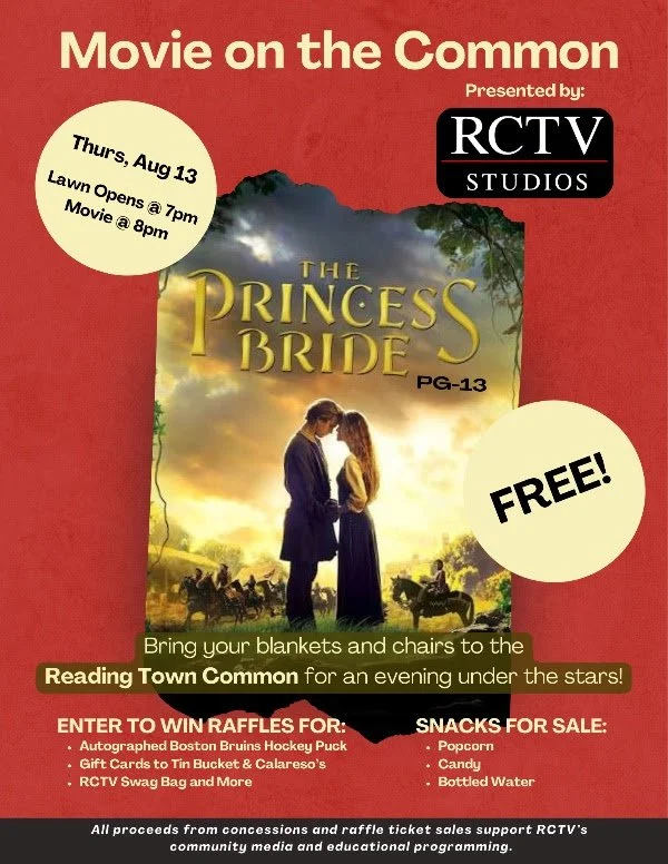 RCTV Studios flyer for a free showing of "The Princess Bride" on the Reading Town Common on Thursday, August 13, at 8 p.m.