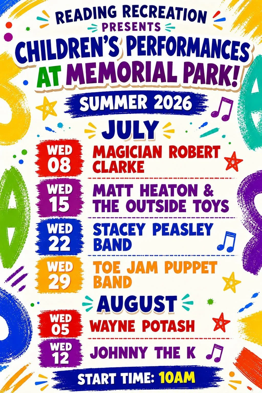 A colorful flyer for Reading Recreation's Children's Performances at Memorial Park, listing six Wednesday shows from July 8 through August 12, all starting at 10:00 am.