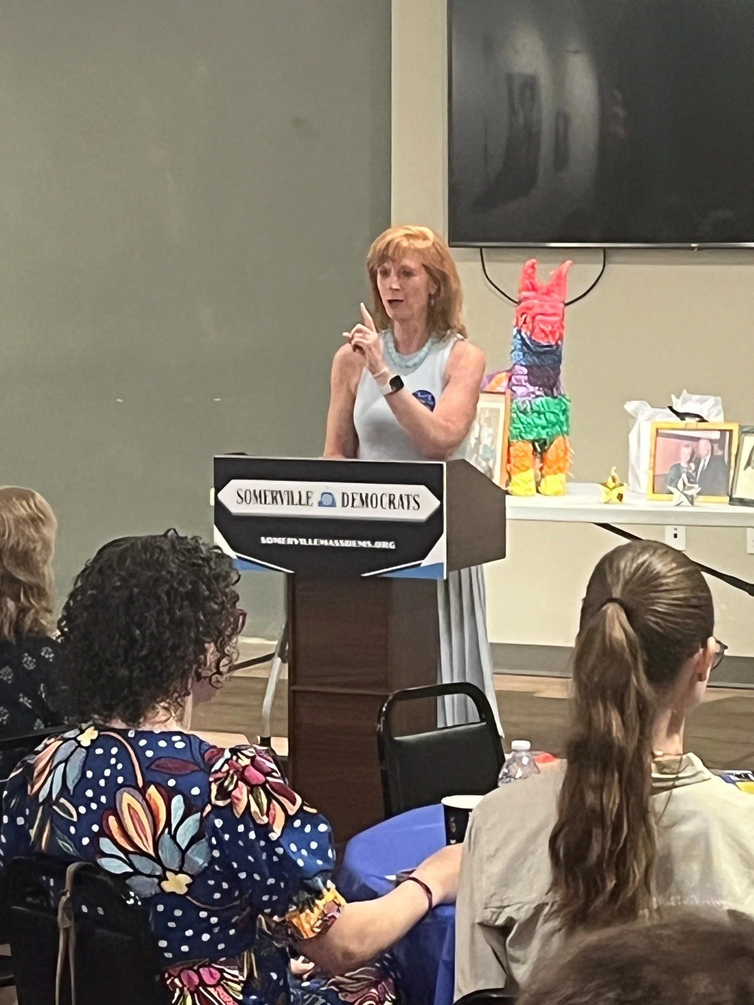 Diann Baylis speaks from a podium marked "Somerville Democrats," gesturing with one raised finger as seated audience members listen in the foreground. A colorful piñata and framed photos sit on a shelf beside her.