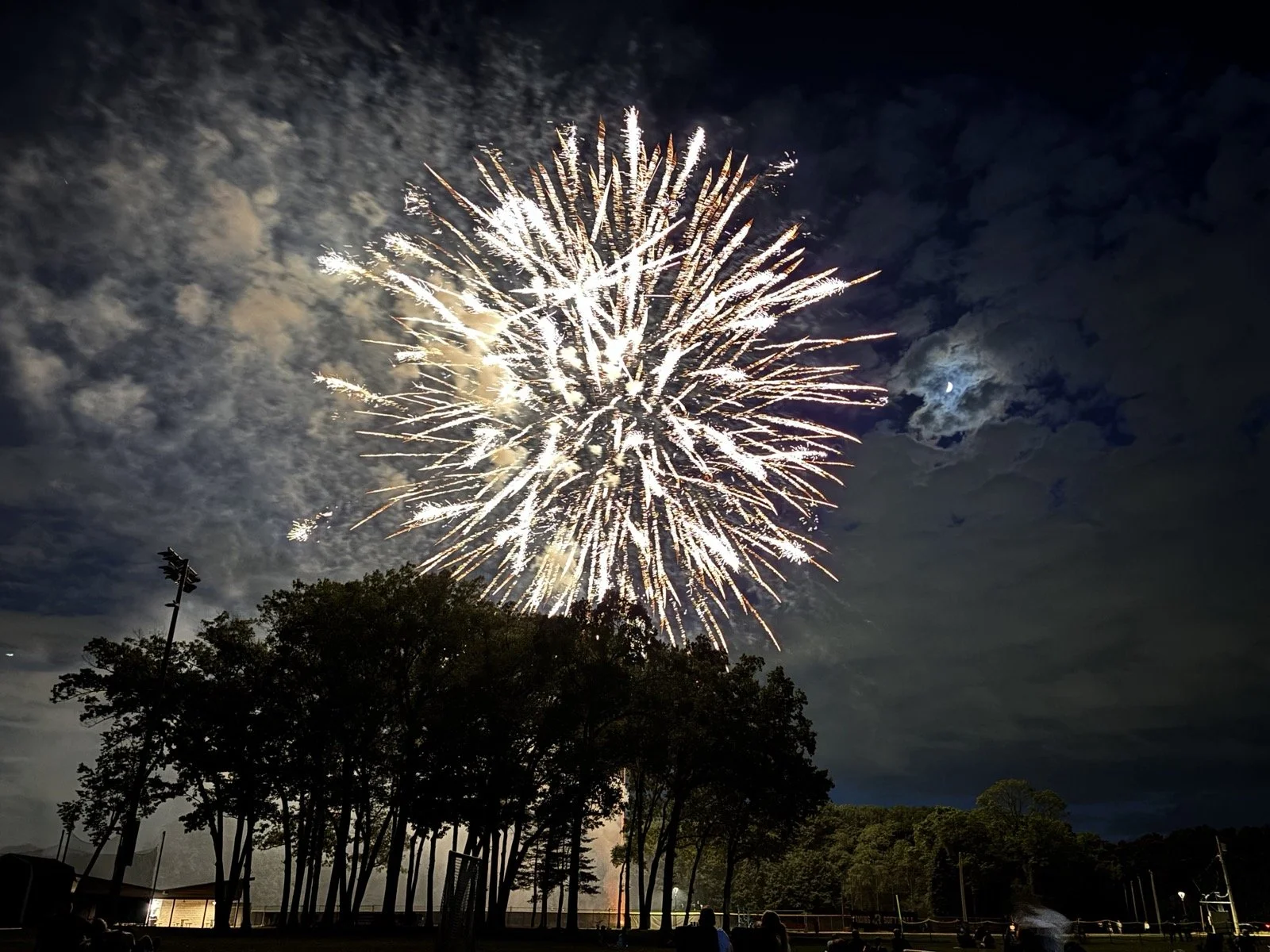 A large white firework bursts against a cloudy night sky above a line of silhouetted trees, with the moon visible through the clouds to the right.