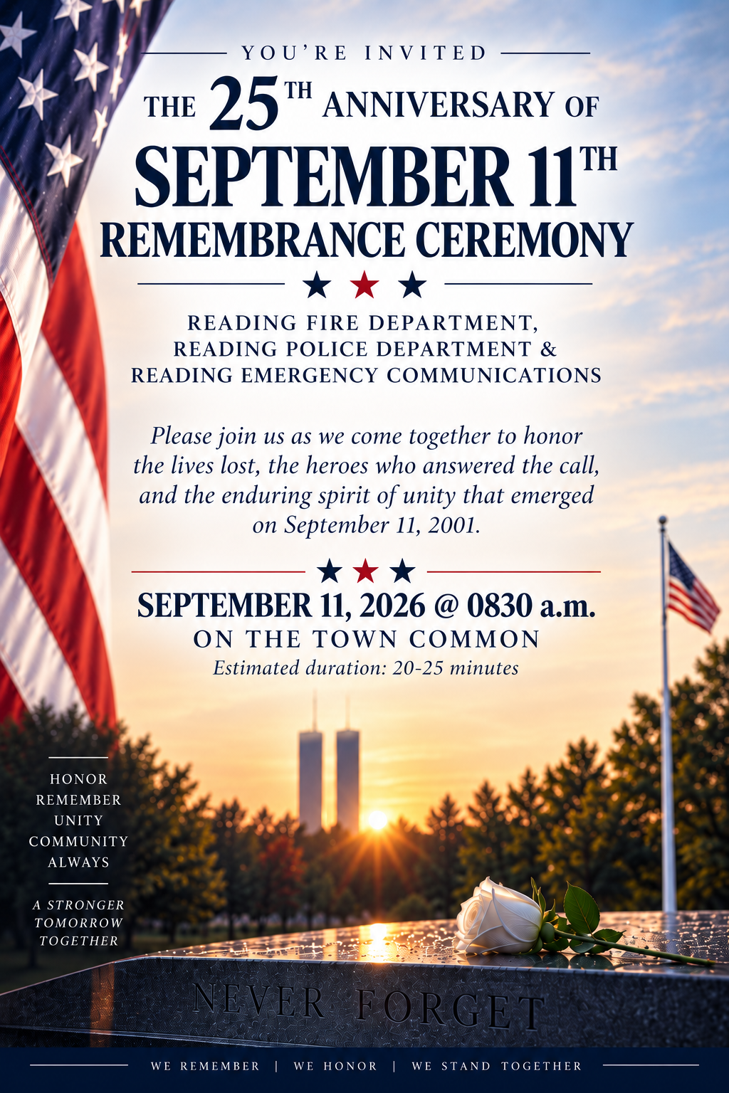 Invitation for the 25th anniversary September 11th Remembrance Ceremony, hosted by Reading Fire, Police, and Emergency Communications, September 11, 2026, 8:30am on the Town Common.