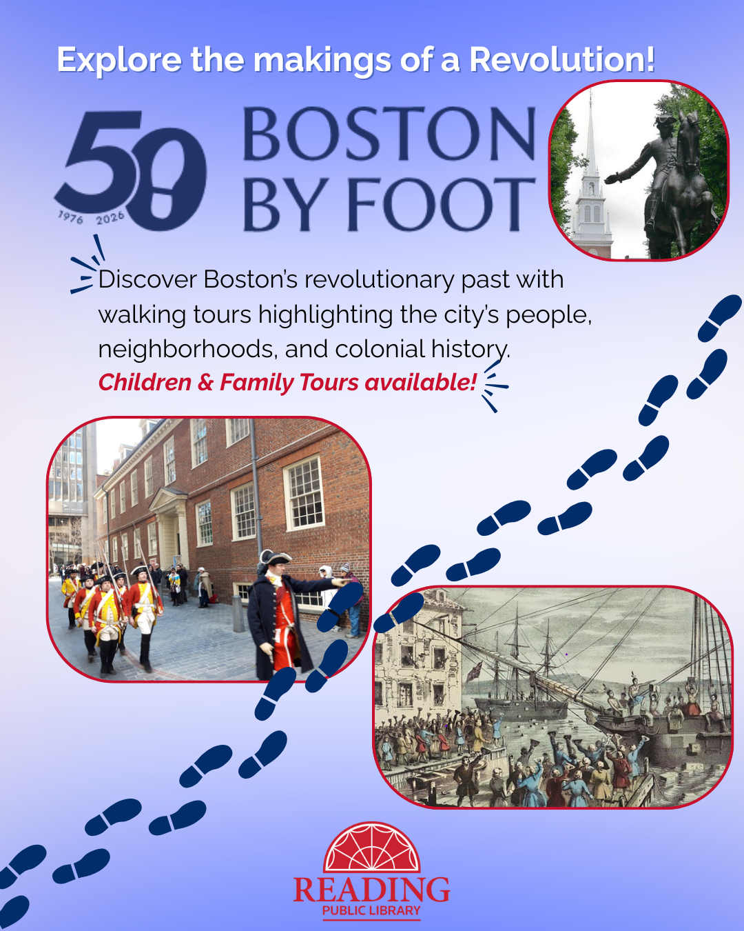 Reading Public Library flyer promoting Boston By Foot walking tours, with historic Boston images and a trail of footprints across the design.