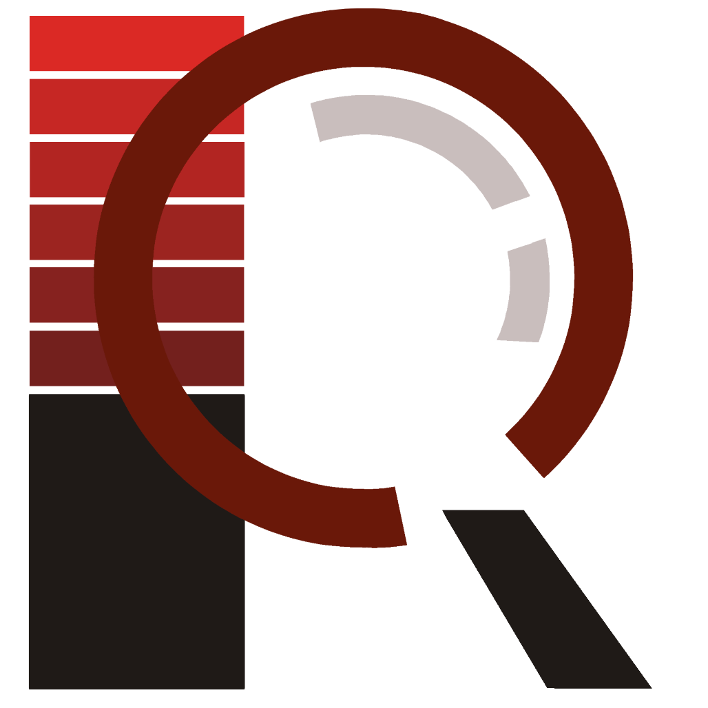 A magnifying glass icon overlapped with a color palette and bars representing different shades of red, black, and gray, on a black background.