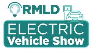 Promotional graphic for the RMLD Electric Vehicle Show, featuring a lightbulb logo and an electric car charging icon in teal. Bold text reads "RMLD Electric Vehicle Show."