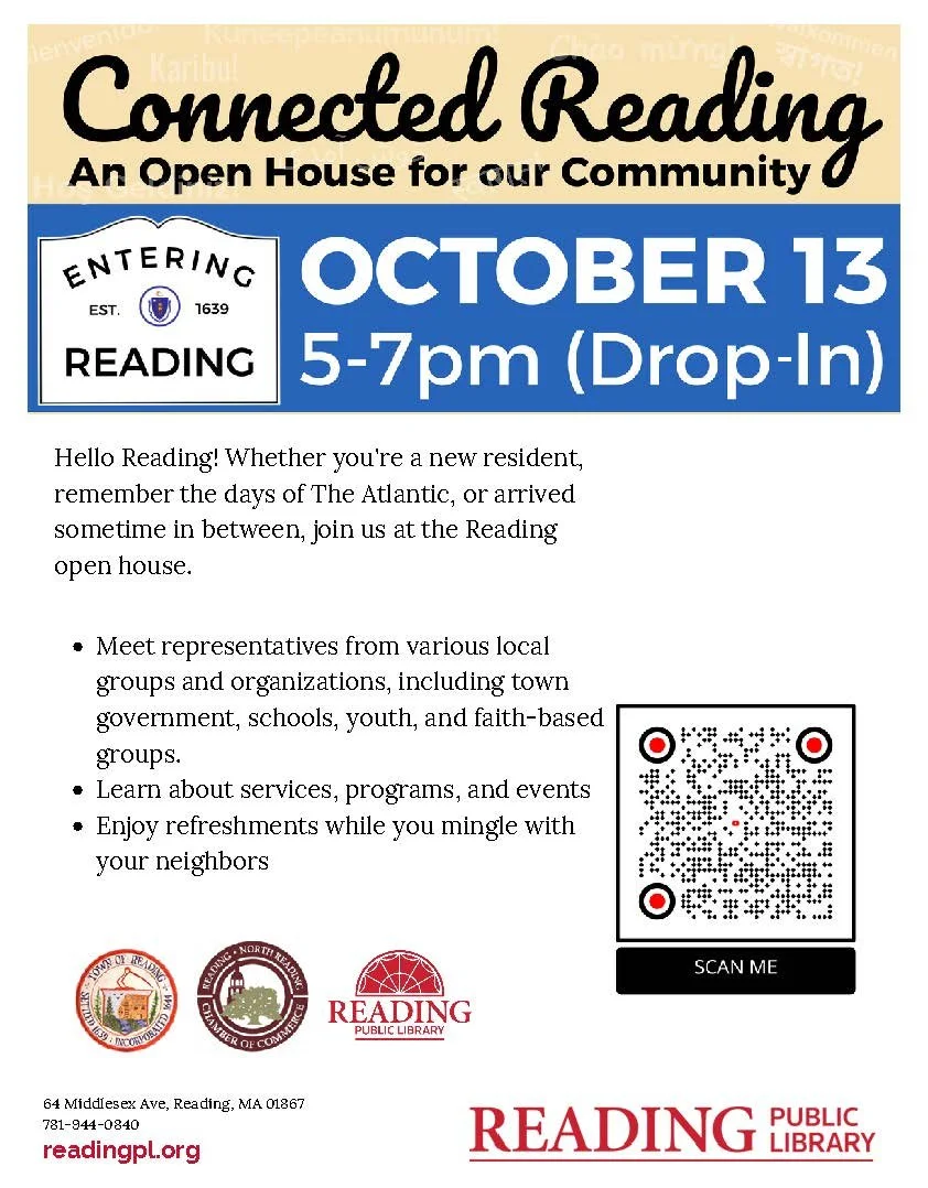 Flyer for Connected Reading, an Open House for the Community, October 13, 5-7pm drop-in at Reading Public Library, with details on local groups, services, and refreshments, plus a QR code.