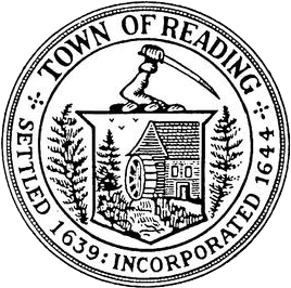 Seal of the Town of Reading, featuring a mill, pine trees, and a stylized arm with a sword. Text around seal reads "Town of Reading, Settled 1639, Incorporated 1644."