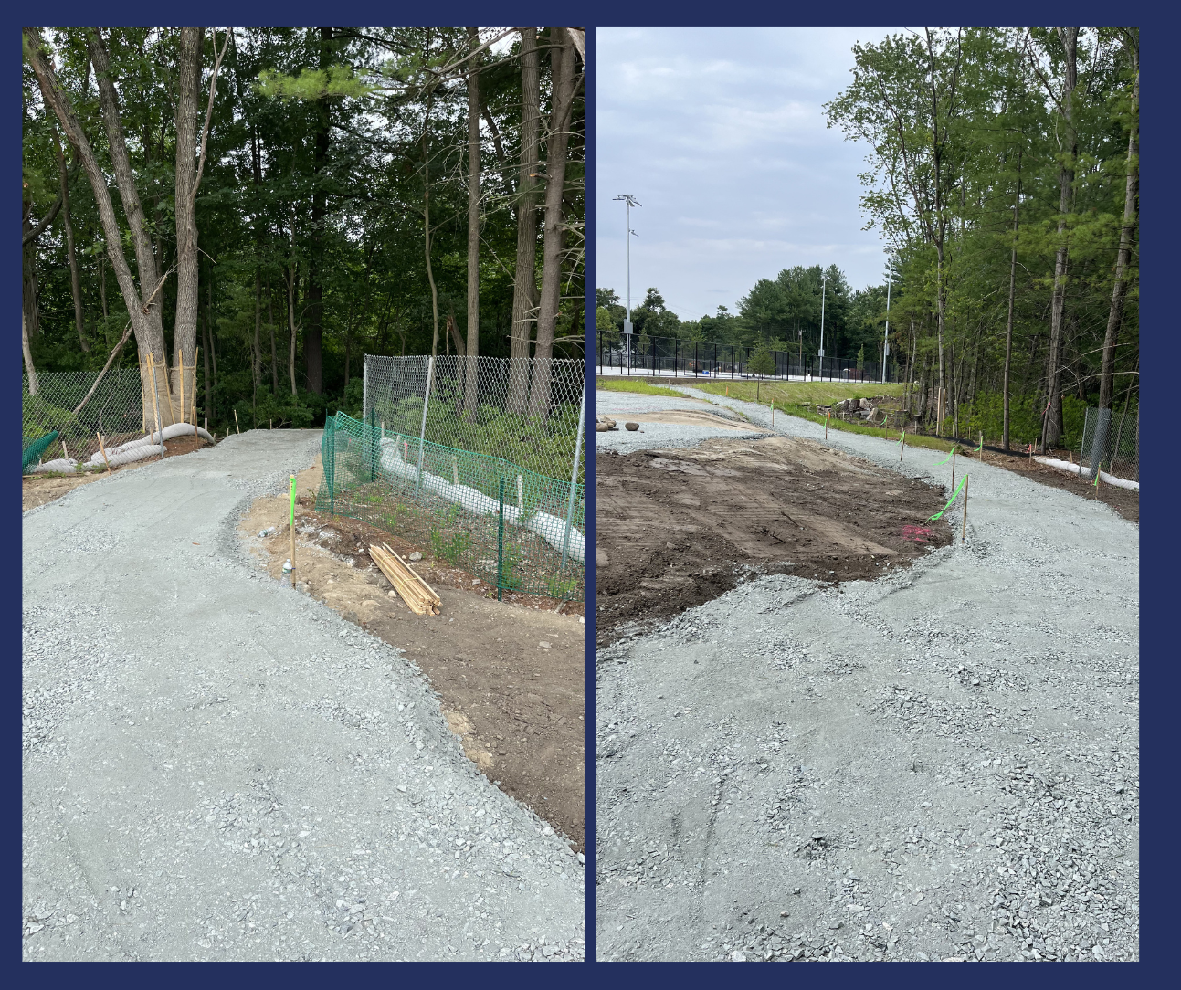 Two side-by-side photos of a gravel walking path under construction, curving between a wooded area with silt fencing and an open area near fenced courts.