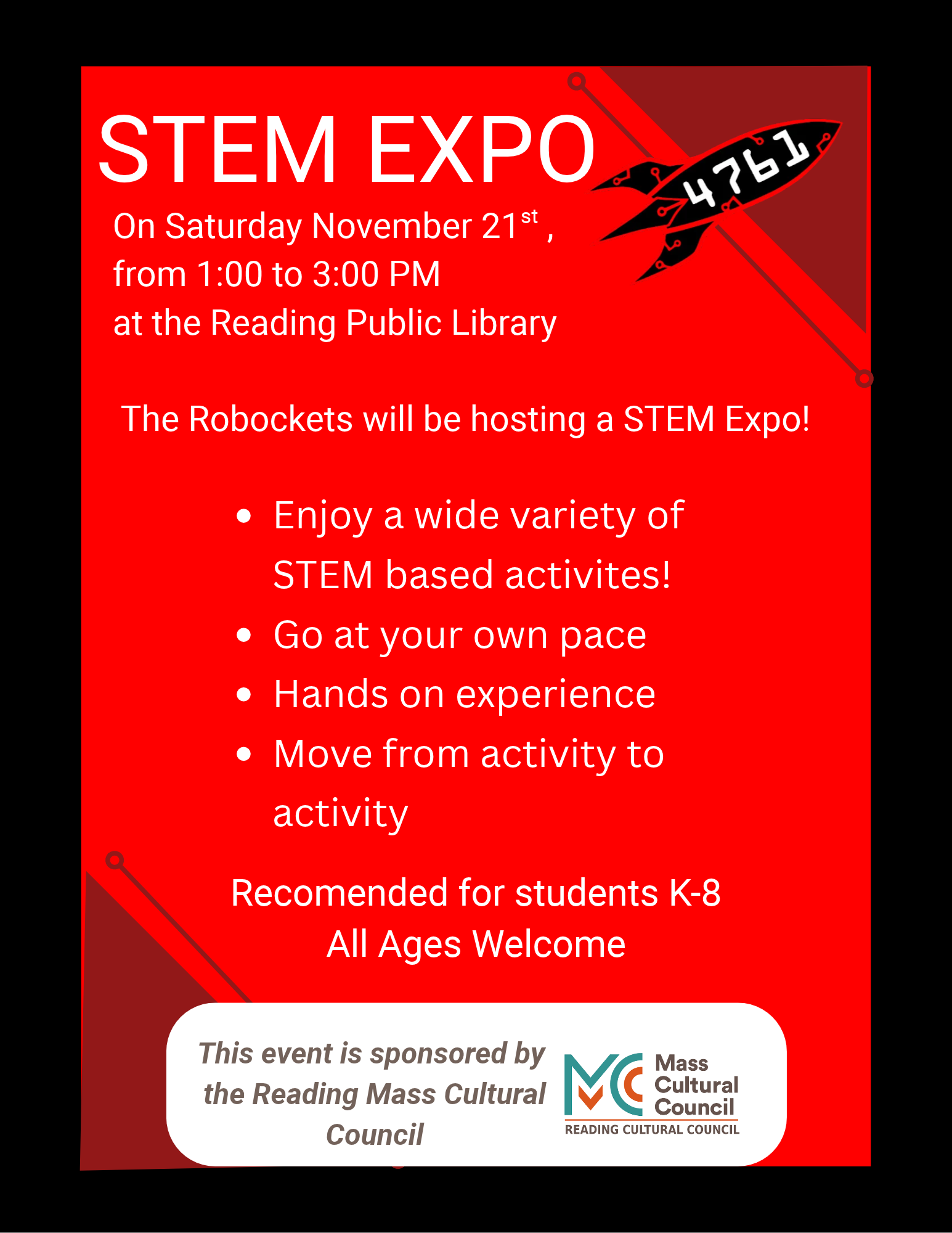 Flyer for a STEM Expo hosted by the Robockets (team 4761), Saturday, Nov. 21, 1-3 p.m. at the Reading Public Library, recommended for students K-8, sponsored by the Reading Cultural Council.