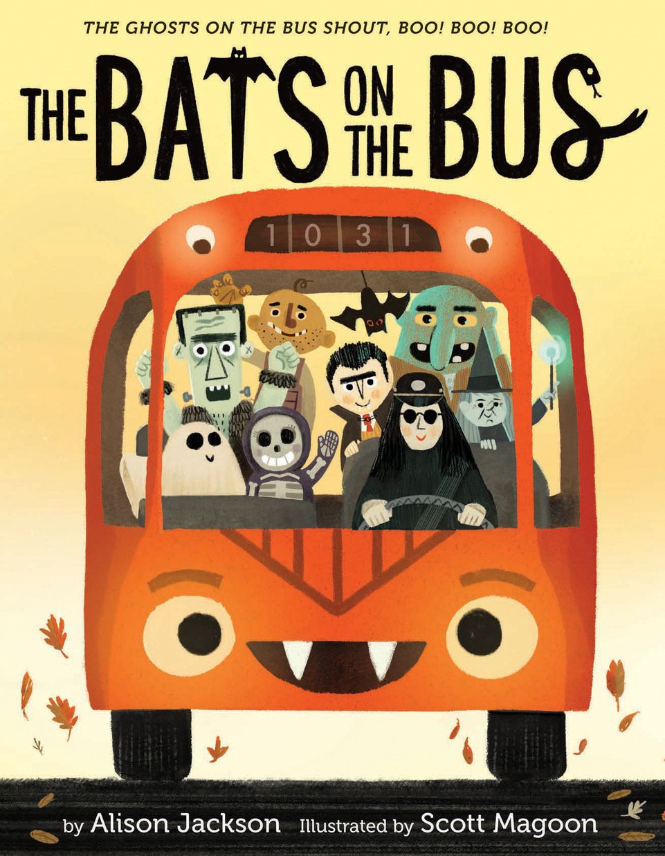 Cover of “The Bats on the Bus” by Alison Jackson, illustrated by Scott Magoon, showing a grinning orange school bus carrying costumed trick-or-treaters including Frankenstein’s monster, a mummy, Dracula, a witch, a ghost, and a skeleton.