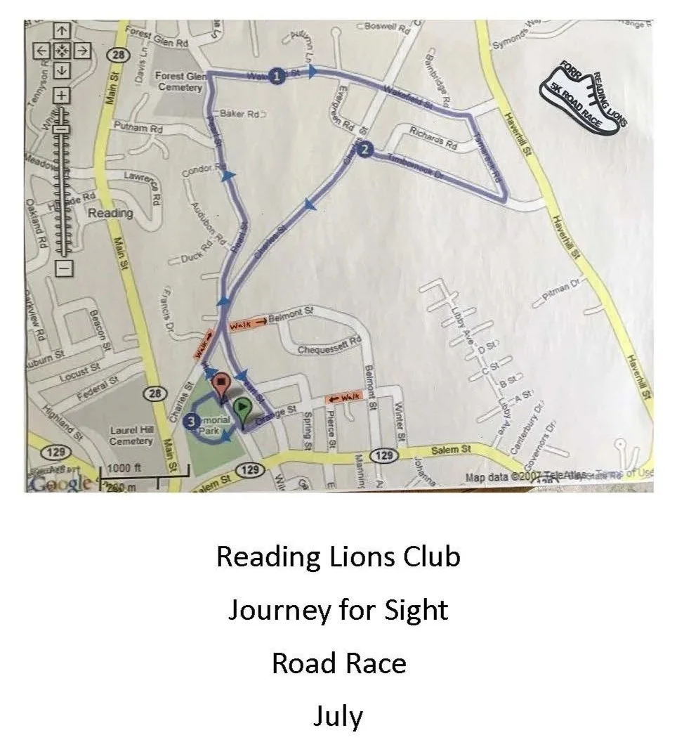 Route map for the Reading Lions Club Journey for Sight 5K Road Race in July, showing a loop that starts and ends at Memorial Park with mile markers along the course.