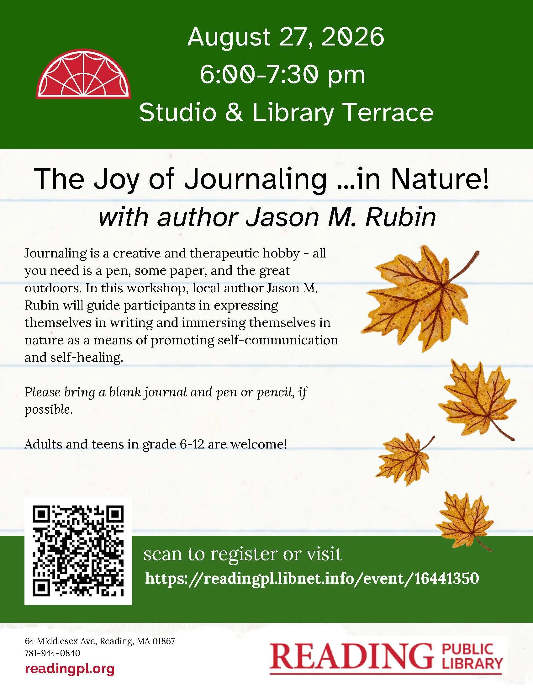 Reading Public Library flyer for "The Joy of Journaling ...in Nature!" with author Jason M. Rubin, a free workshop on August 27, 2026, from 6:00 to 7:30 PM in the Studio and on the Library Terrace. Adults and teens in grades 6 through 12 are welcome.