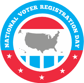Circular red, white, and blue "National Voter Registration Day" logo with a gray map of the United States in the center, ringed by stars.