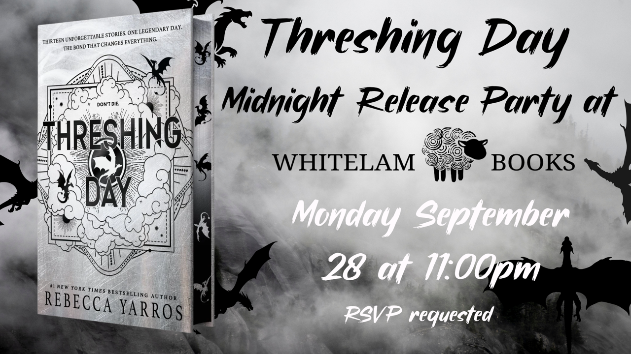 Promotional graphic for "Threshing Day" by Rebecca Yarros, announcing a midnight release party at Whitelam Books on Monday, September 28 at 11:00pm. RSVP requested.