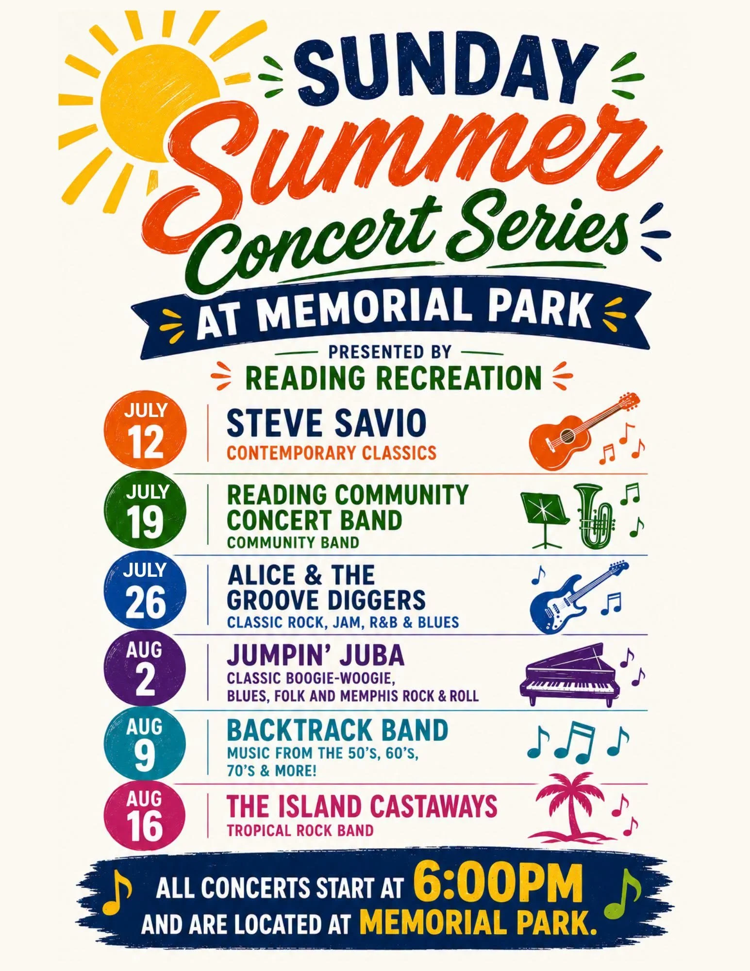 A flyer for Reading Recreation's Sunday Summer Concert Series at Memorial Park, listing six concerts from July 12 through August 16, all starting at 6:00 pm.