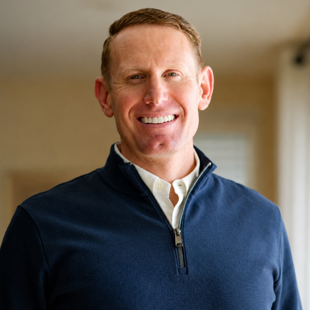 Campaign headshot of Micah Jones, a man with short red hair smiling at the camera, wearing a navy quarter-zip pullover over a white collared shirt.