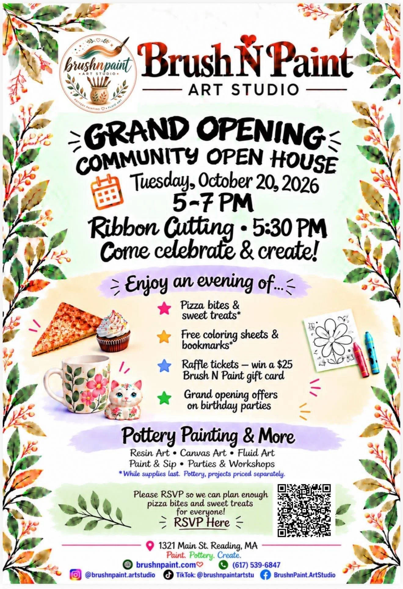 Flyer for Brush N Paint Art Studio’s grand opening community open house, Tuesday, October 20, 2026, 5-7 p.m., with ribbon cutting at 5:30 p.m., at 1321 Main St., Reading, MA.