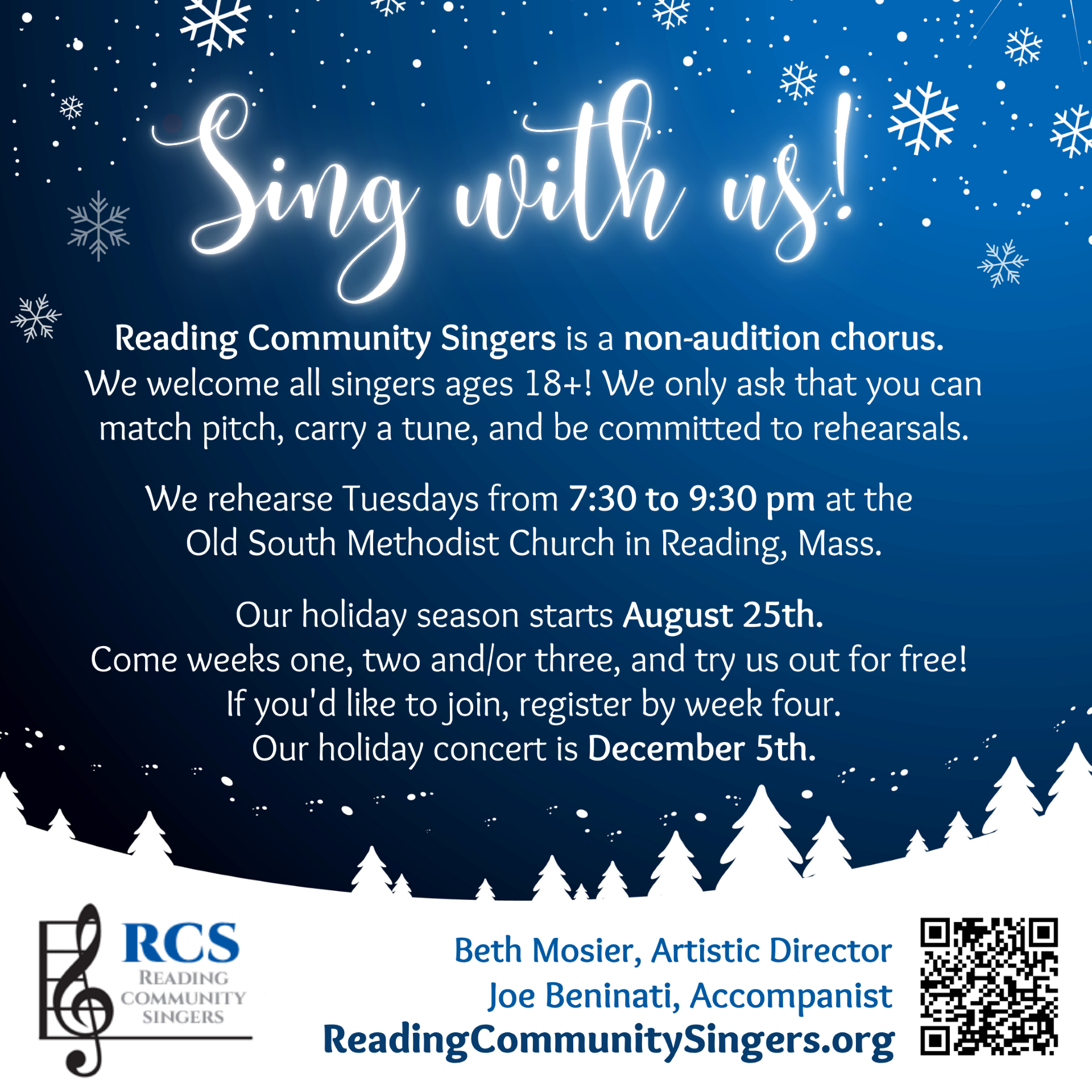 A wintry "Sing with us!" flyer for the Reading Community Singers, a non-audition chorus for ages 18+, noting Tuesday rehearsals at Old South Methodist Church, a season starting August 25, and a December 5 holiday concert.