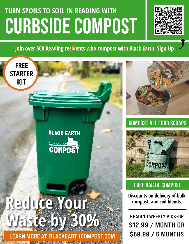 Black Earth Compost flyer for curbside food-waste composting in Reading, showing a green cart at the curb, a free starter kit, and pricing of $12.99/month or $69.99 for six months.