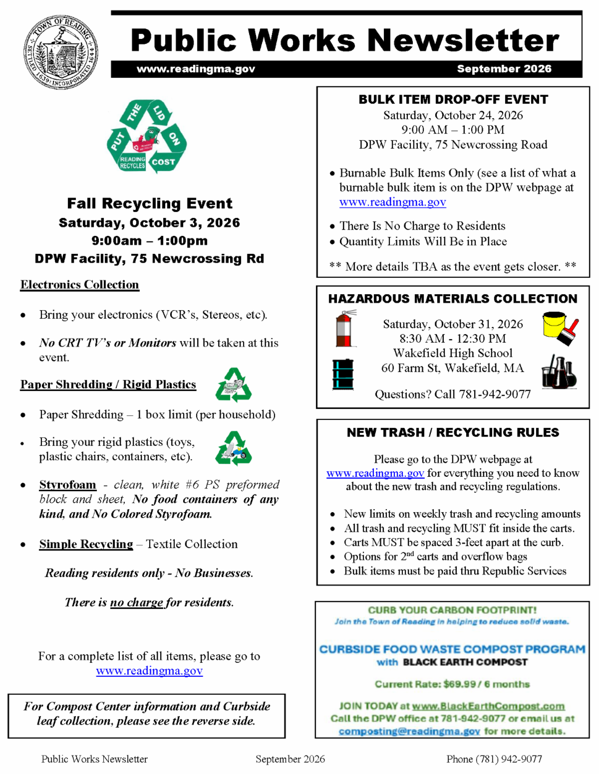 Front page of Reading's September 2026 Public Works Newsletter, covering fall recycling and bulk drop-off events, hazardous materials collection, and new trash and recycling rules.