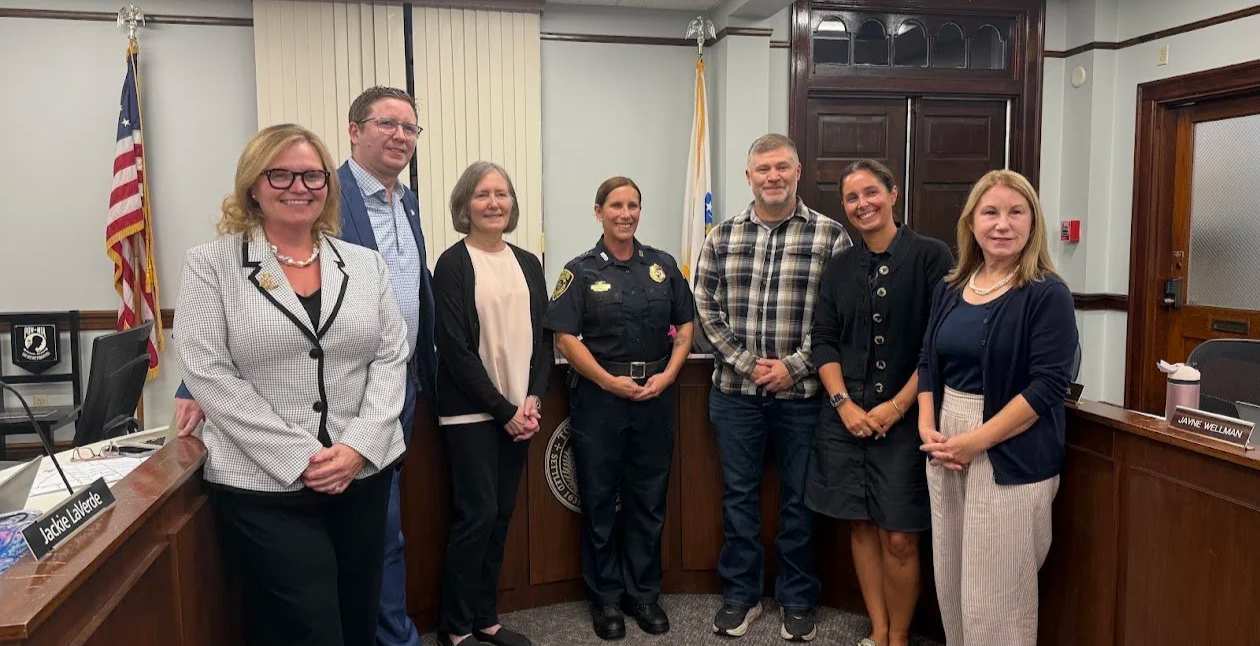 Police Chief Christine Amendola poses with Town Manager Jayne Wellman, and Select Board members following Tuesday's confirmation vote.