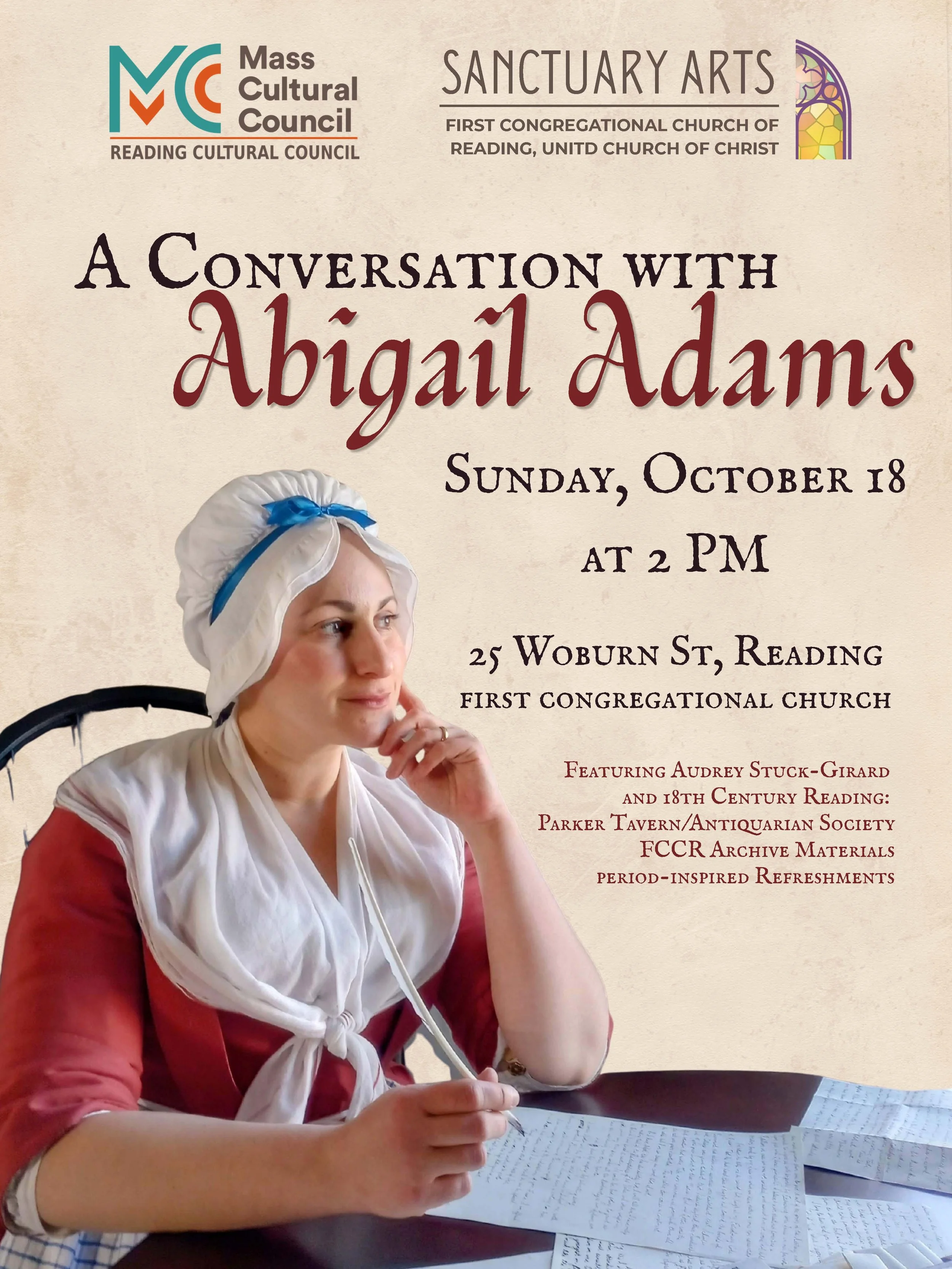 Event poster for 'A Conversation with Abigail Adams,' Sunday, October 18 at 2 p.m., First Congregational Church of Reading, 25 Woburn St., featuring a woman in colonial dress holding a quill.
