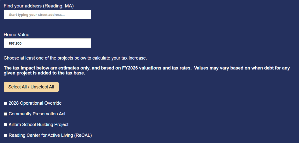 The calculator's input form, with an address field, a home value of $697,900, and checkboxes for the 2028 override, CPA, Killam, and ReCAL.