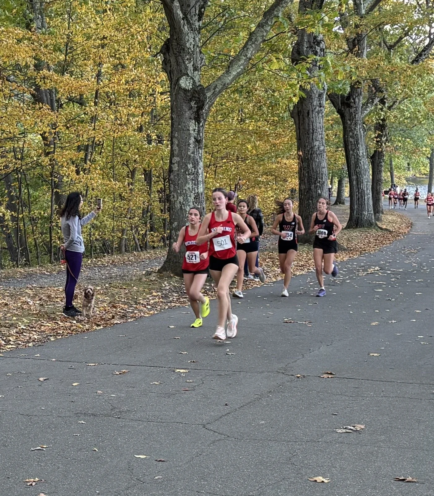 Two Reading girls cross-country runners in red lead a pack of competitors along a tree-lined path at Horn Pond, with a spectator and her dog watching from the side.