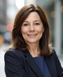 This is a woman with shoulder length hair with a blue blazer.