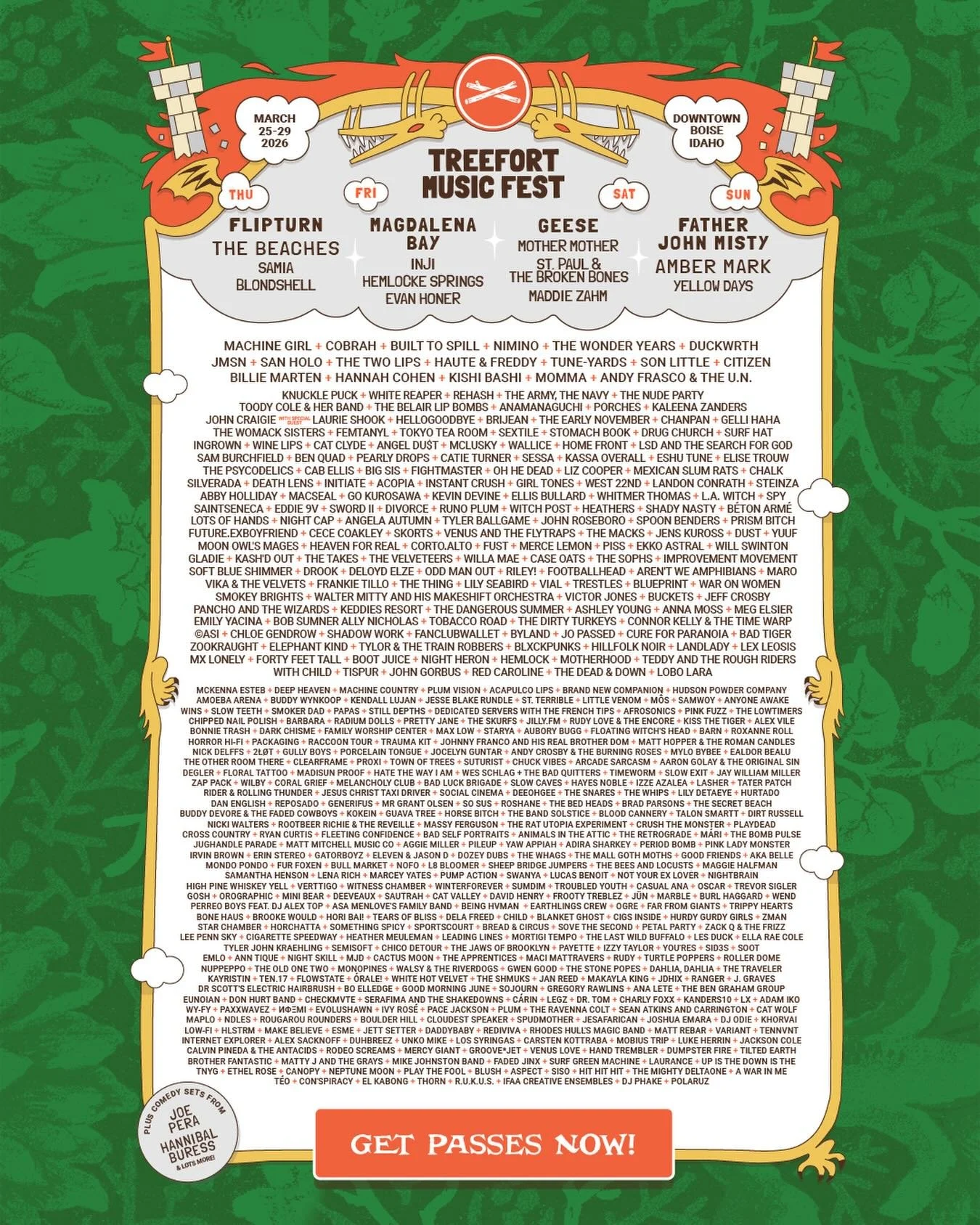 @elephantkind + @the_macks + @zookraught + @ogrebyogre + @chippednailsband join the 2026 @treefortfest lineup happening throughout downtown Boise, ID March 25-29. Passes on sale now at treefortmusicfest.com.